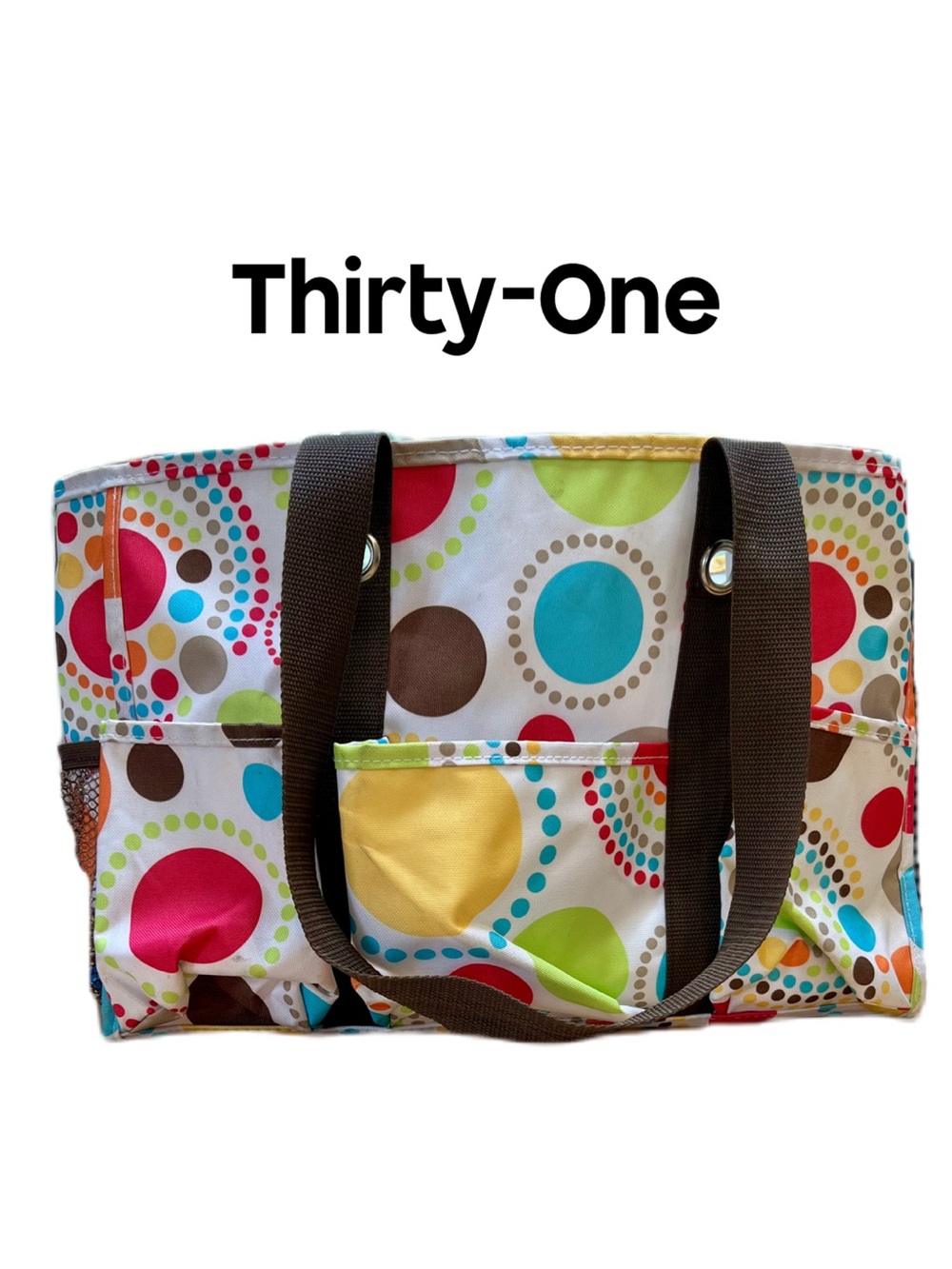 thirty-one Multicolor Polka Dot Utility Tote with Brown Straps